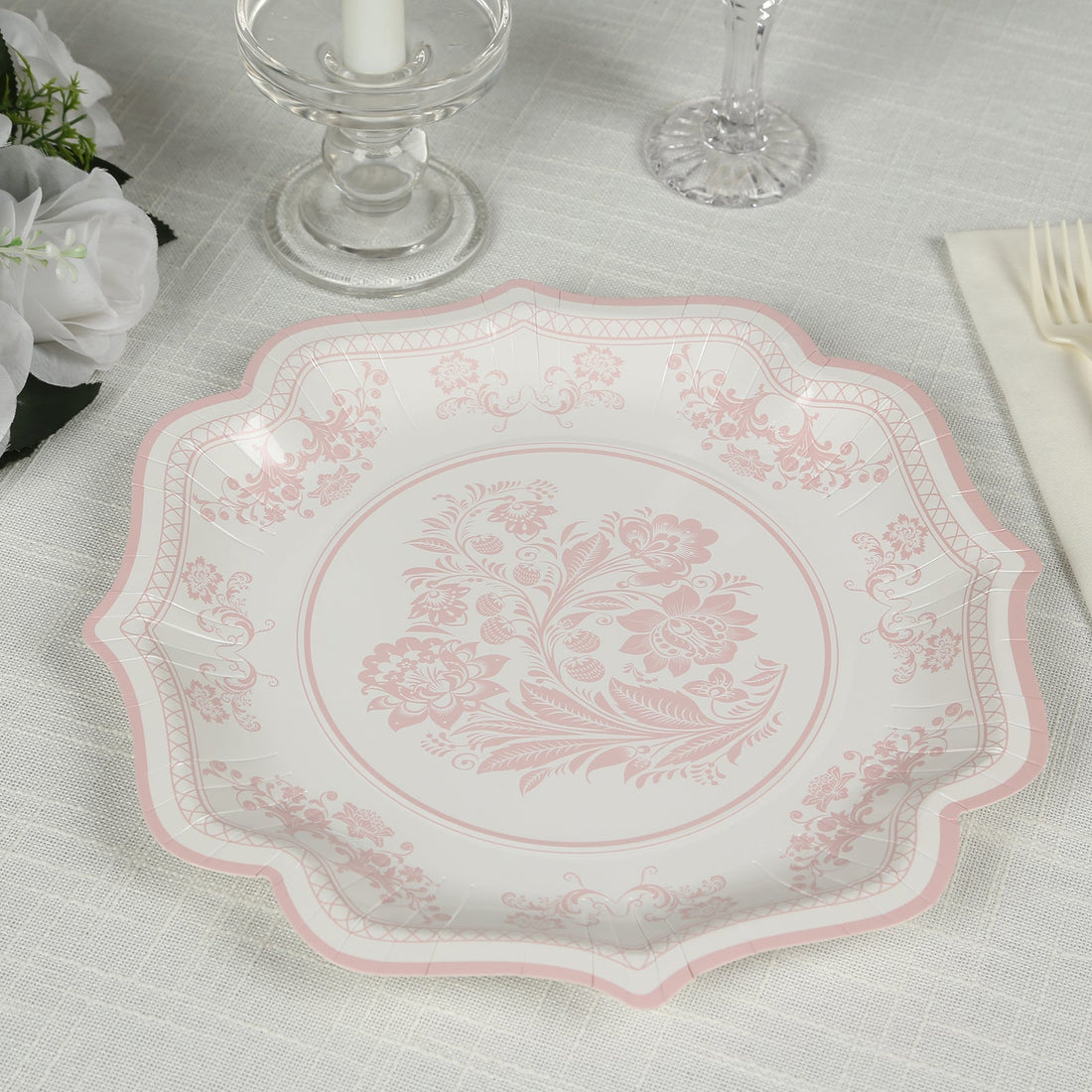 25-Pack Paper Dinner Plates 10" White Pink Damask Floral Pattern