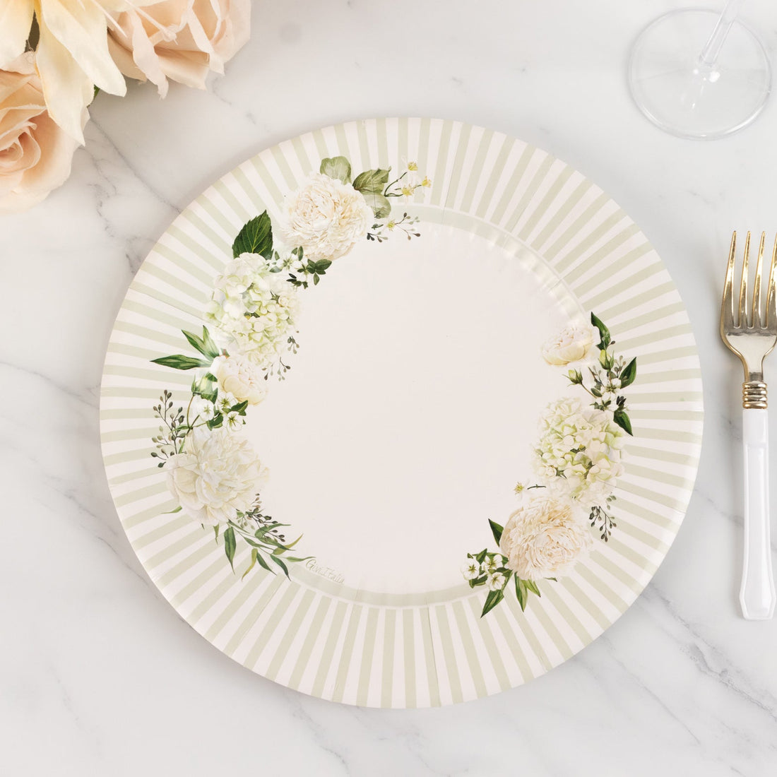 25 Pack White Sage Green Dinner Paper Plates with Floral Lined Rim, Disposable Party Plates