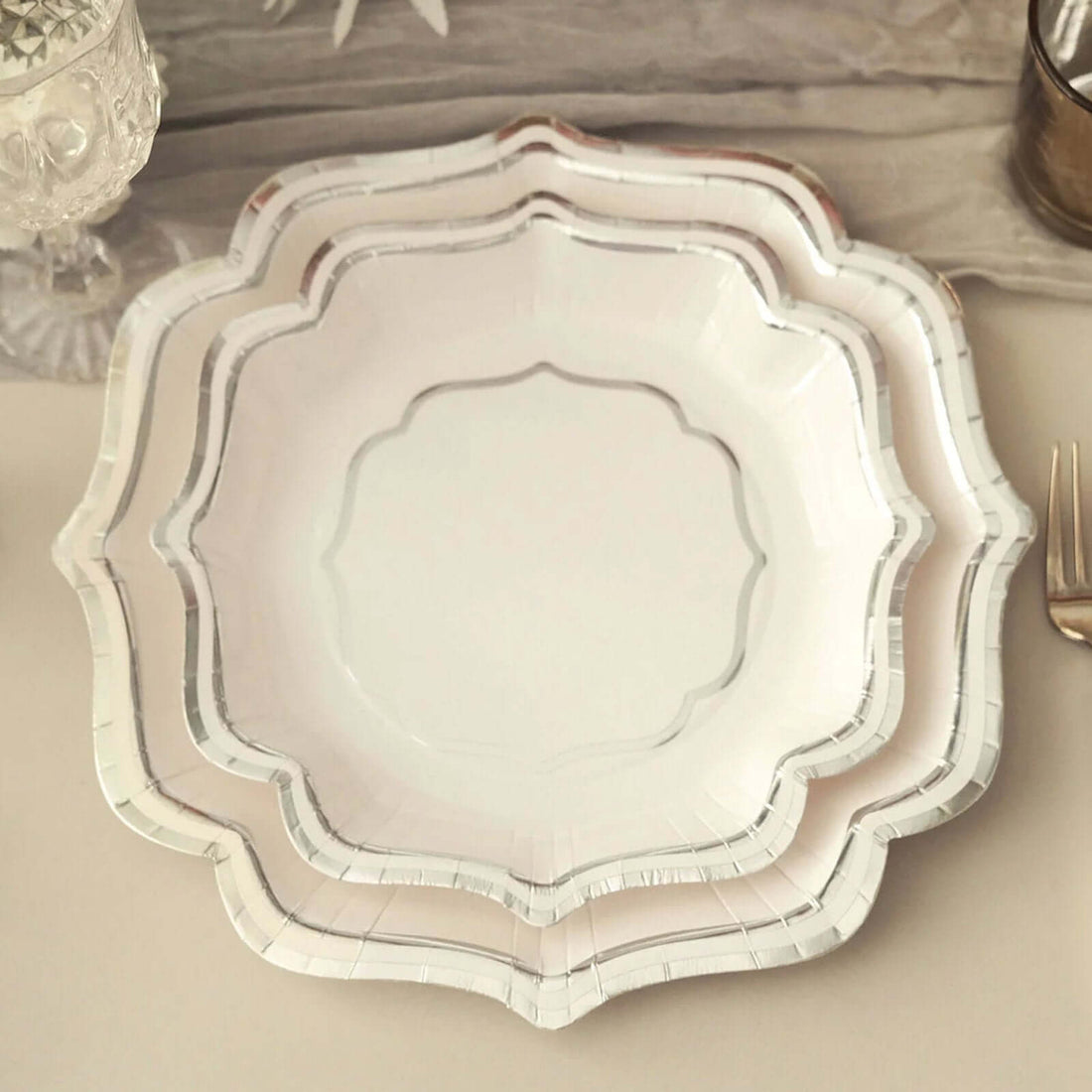 25 Pack White 8 Inch Silver Scallop Rim Salad Plates 300 GSM