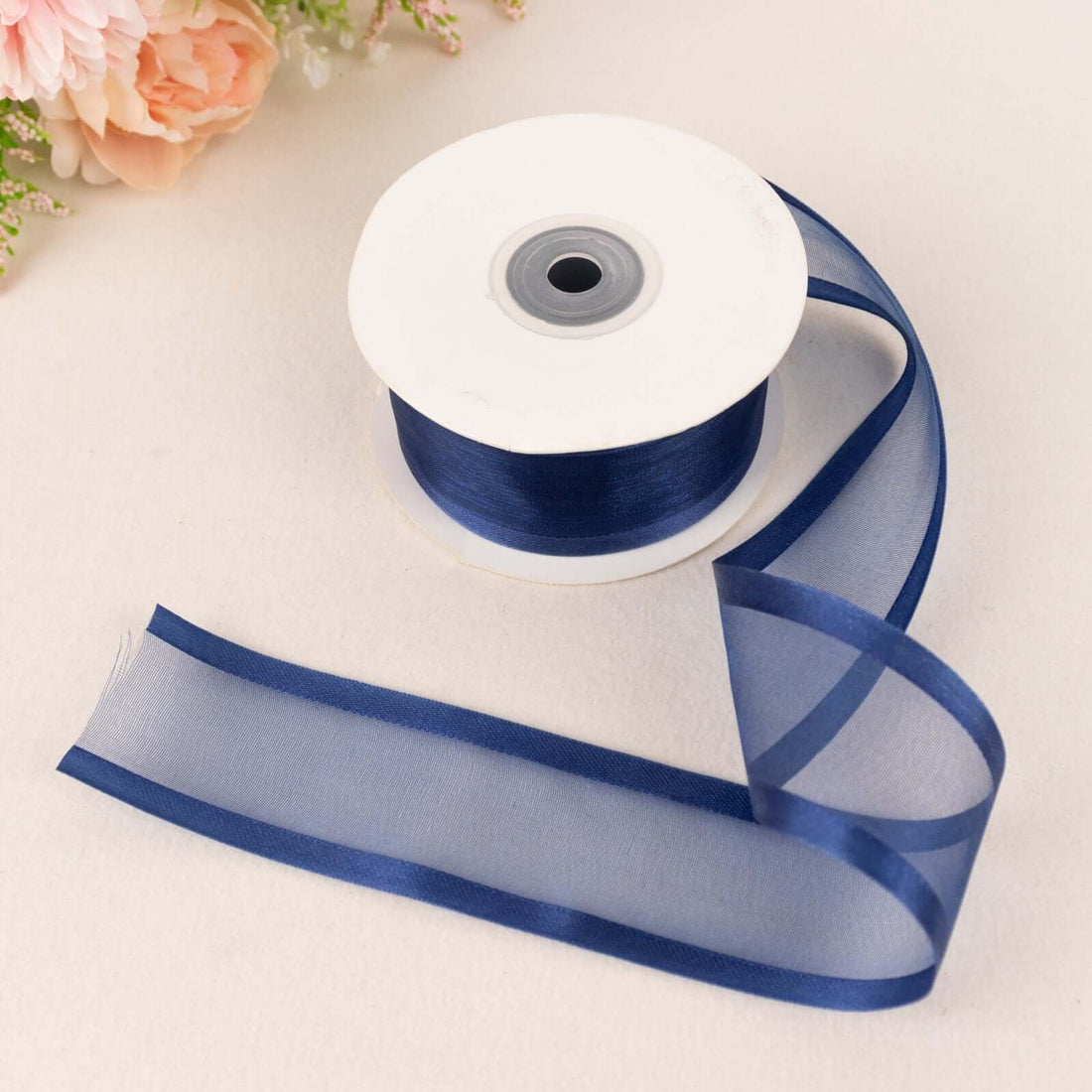 25 Yards 1.5 Inch Sheer Organza Navy Blue Ribbon With Satin Edge