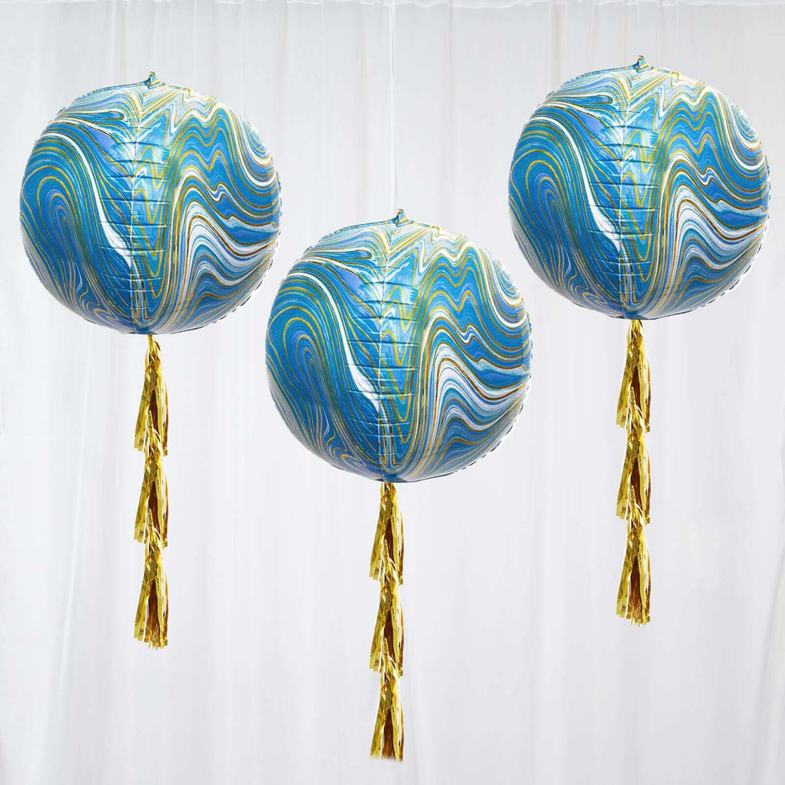 3 Pack Of 13 Inch 4D Blue And Gold Marble Sphere Balloons