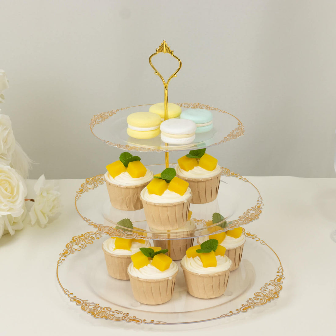 3-Tier Clear Plastic Cupcake Stand Holder with Gold Embossed Baroque Rim, Round Cake