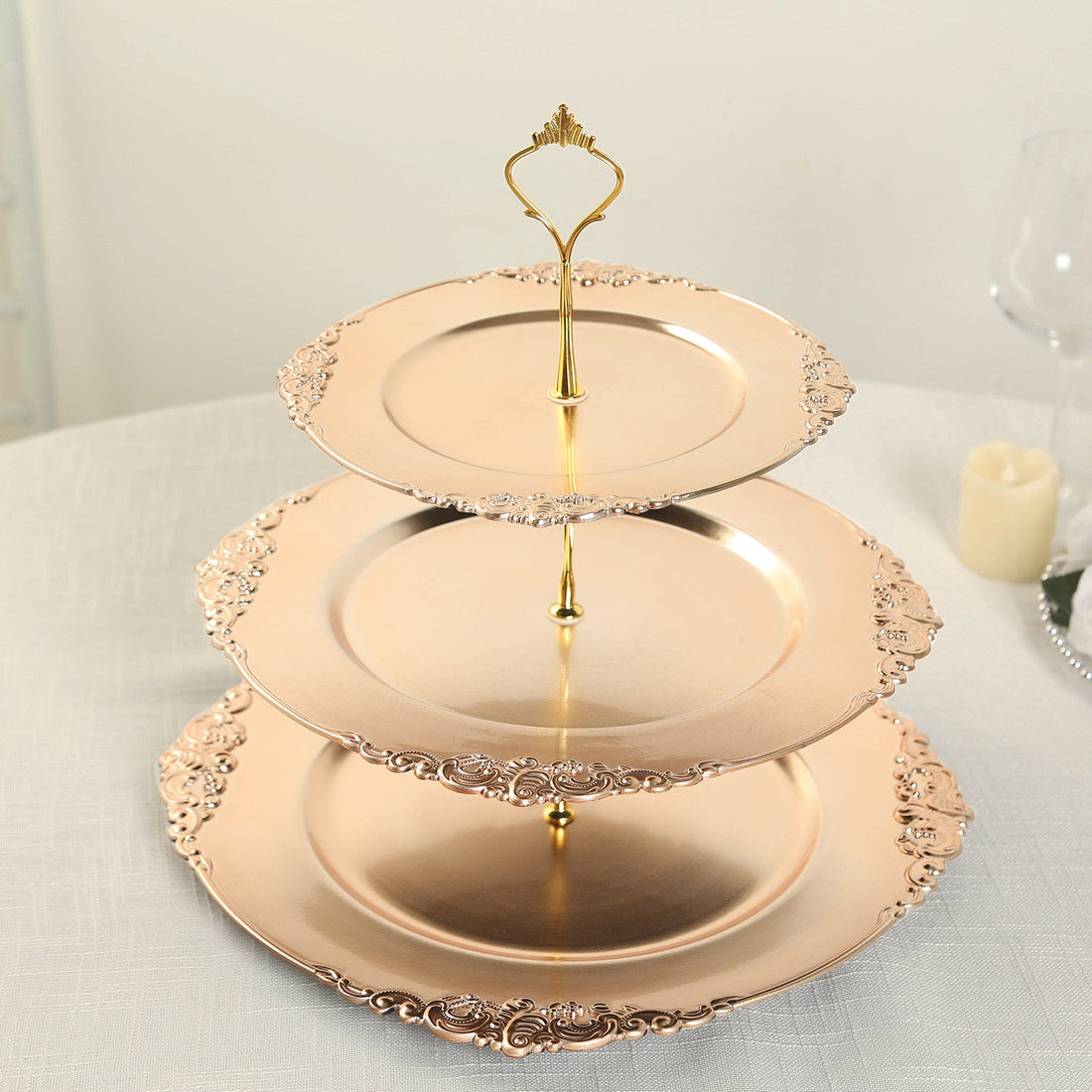 3-Tier Metallic Gold Plastic Cupcake Stand Holder with Embossed Baroque Rim, Round Cake Dessert