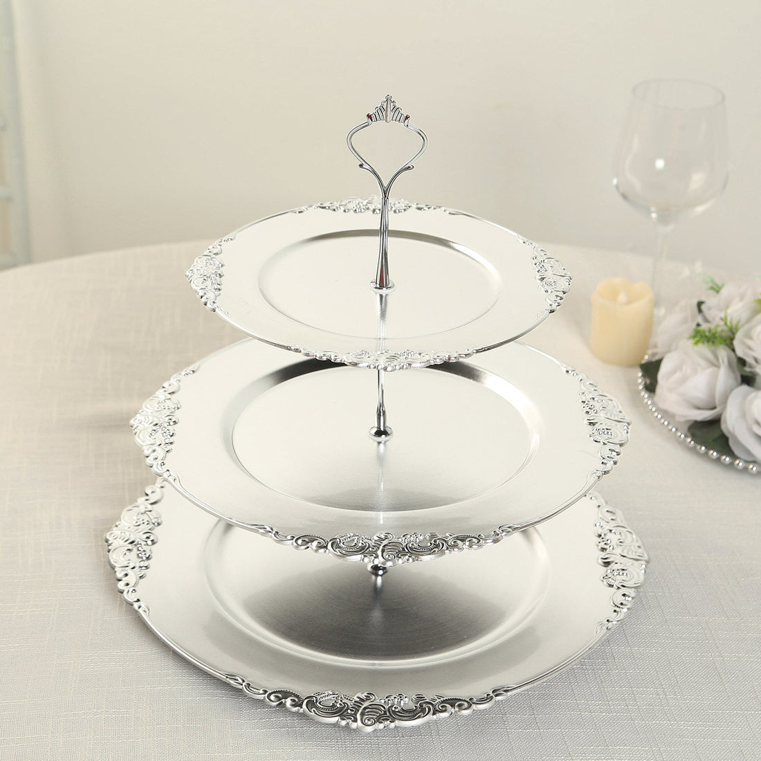 3-Tier Metallic Silver Plastic Cupcake Stand Holder with Embossed Baroque Rim, Round Cake Dessert