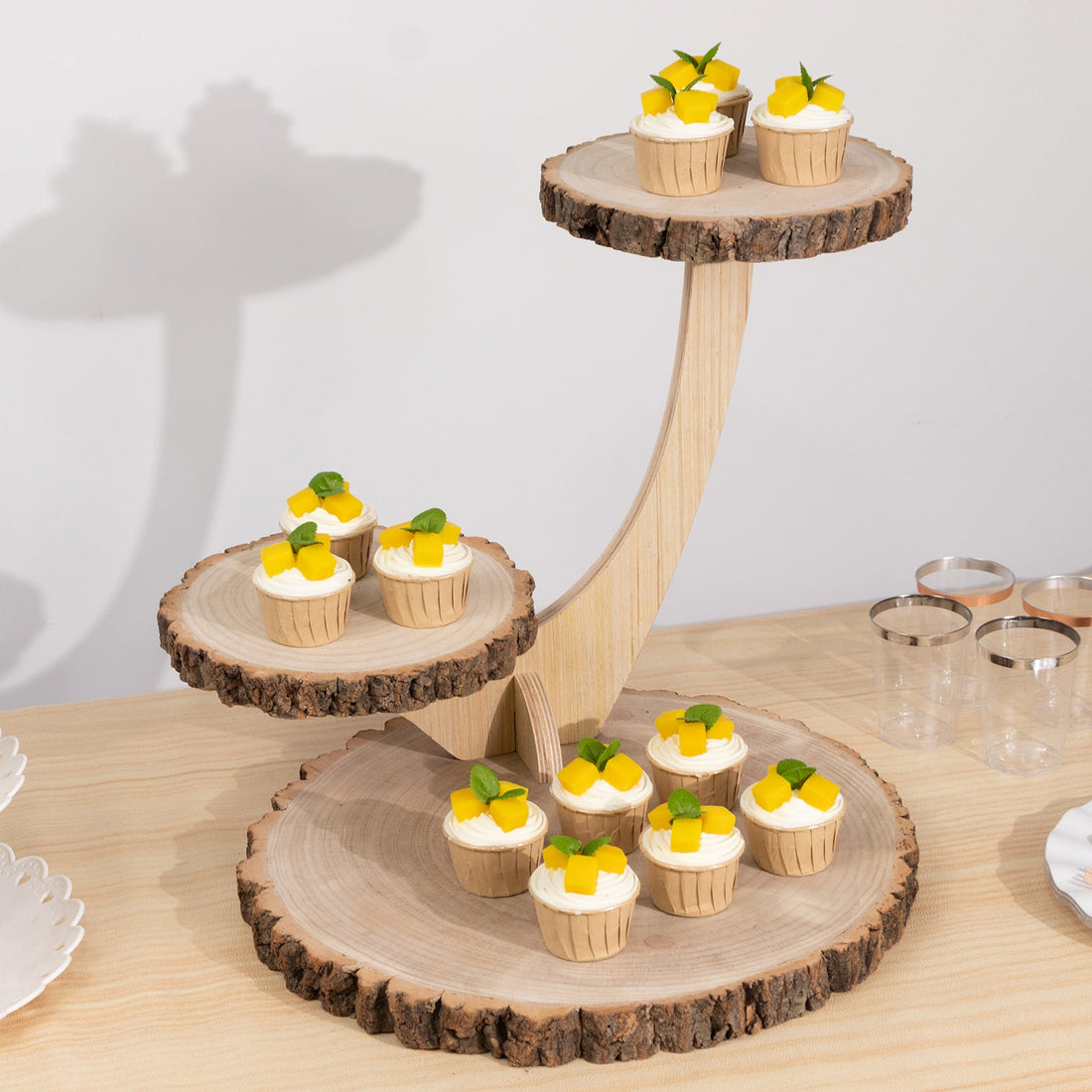 3-Tier Natural Rustic Wood Slice Cupcake Stand in Tree Branch Style, Farmhouse Cake Dessert Display