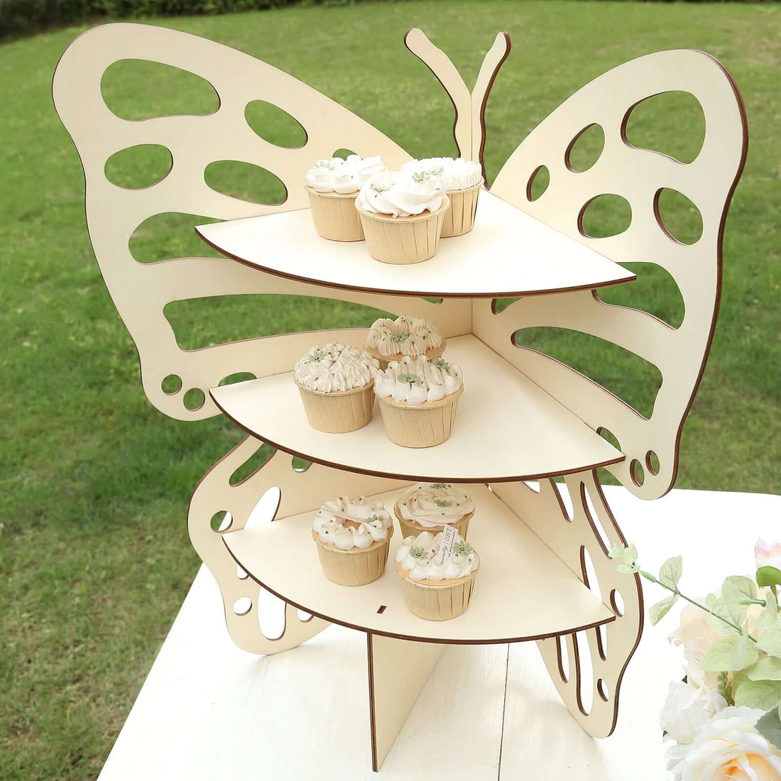 3-Tier Natural Butterfly Wooden Cupcake Stand, Rustic Dessert Display Stand Shelf Rack - 24inch
