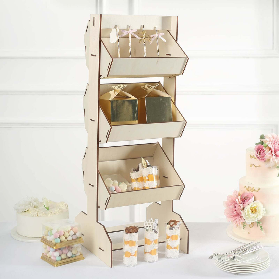 33inch Natural Wooden 3-Tier Basket Floor Standing Display Rack