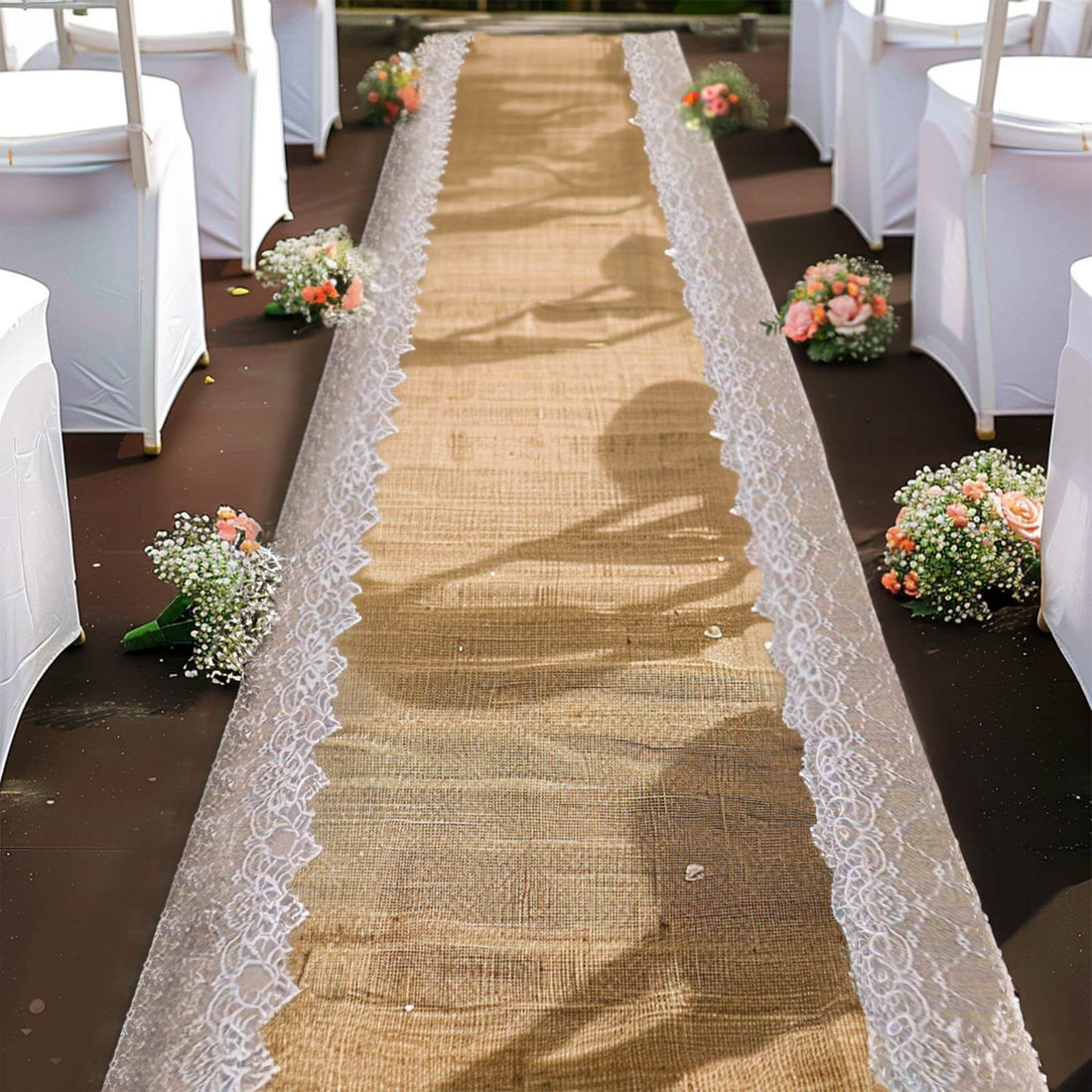 Natural Jute Burlap With White Floral Lace Borders Aisle Runner 30 Feet