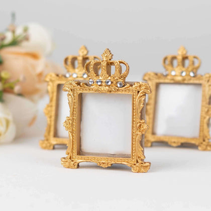 4-Pack Resin Picture Frames 3.5" Royal Crown Design Square Gold - Baroque Party Favors & Wedding Place Card Holders
