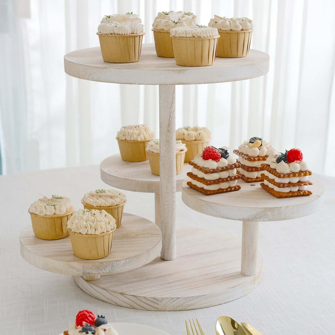 4-Tier Whitewash Wooden Cake Stand with Round Tiered Trays, Rustic Cupcake Tower