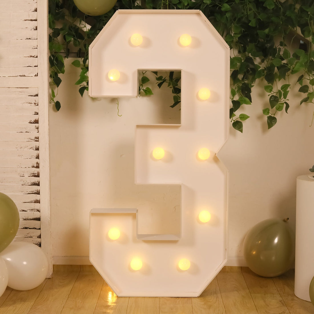 4ft White Marquee Light Up Number 3 Large Mosaic Balloon Frame Pre-Cut Foam Board with 10 Warm White