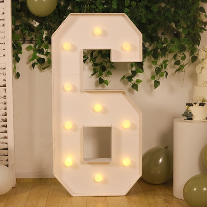 4ft Giant LED Marquee Number "6", White Pre-Cut Foam Board with 10 Warm White Battery Operated LEDs, Glue Gun and Sticks
