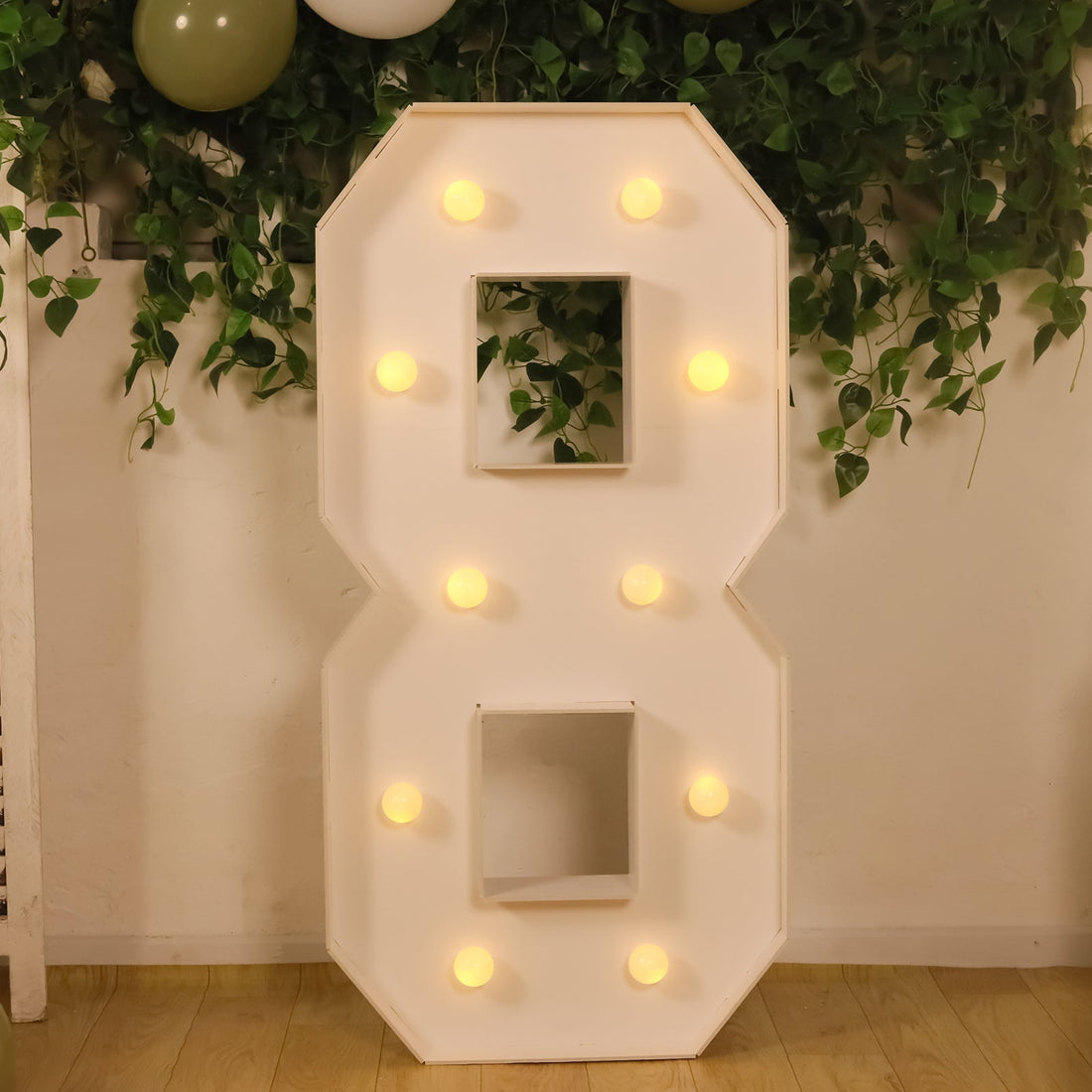 4ft White Marquee Light Up Number 8 Large Mosaic Balloon Frame Pre-Cut Foam Board with 10 Warm White
