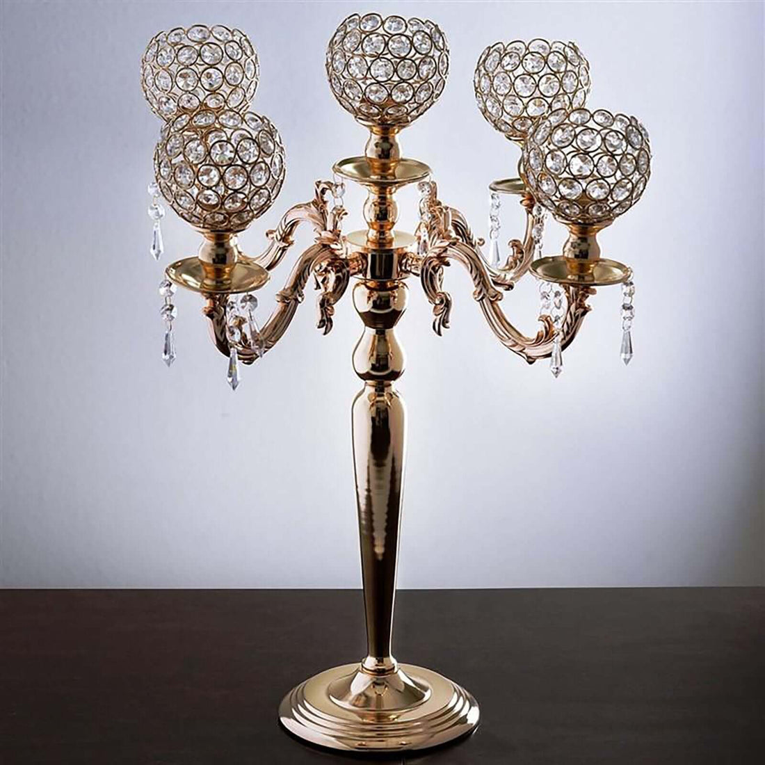 Gold Crystal Beaded Globe Metal Candelabra Candle Holder 25 Inch Tall 5 Arms