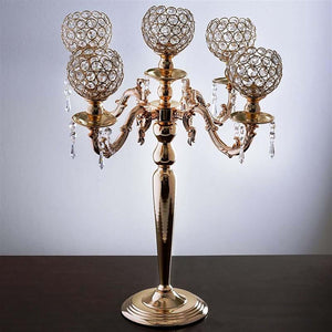5-Arm Crystal Beaded Globe Candelabra 25" Gold - Metal Candle Holder for Stylish Pillar Table Centerpiece Decor