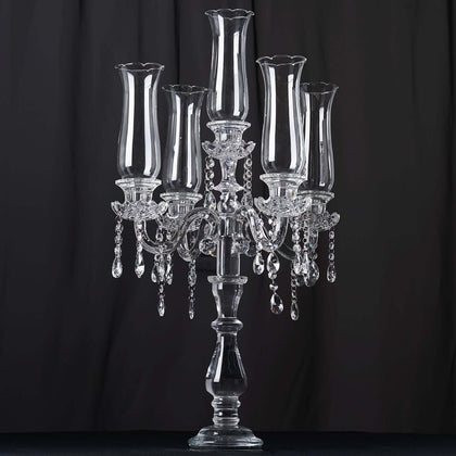 5 Arm Crystal Glass Taper Candle Holder Candelabra 32" - Stylish Table Centerpiece With Chandelier Chains