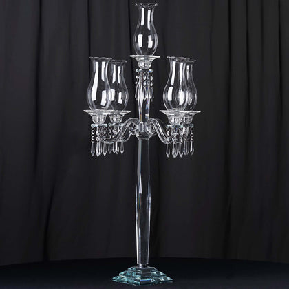 5 Arm Crystal Glass Taper Candle Holder Candelabra 40" - Luxurious Table Centerpiece With Chandelier Chains