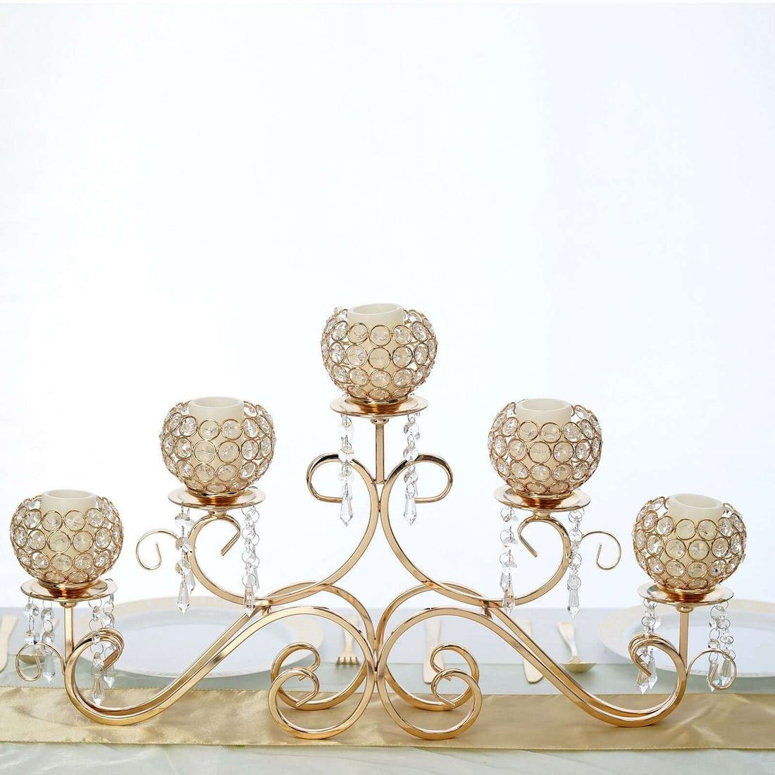27inch 5 Arm Gold Metal Crystal Horizontal Candelabra Goblet Candle Holder Stand