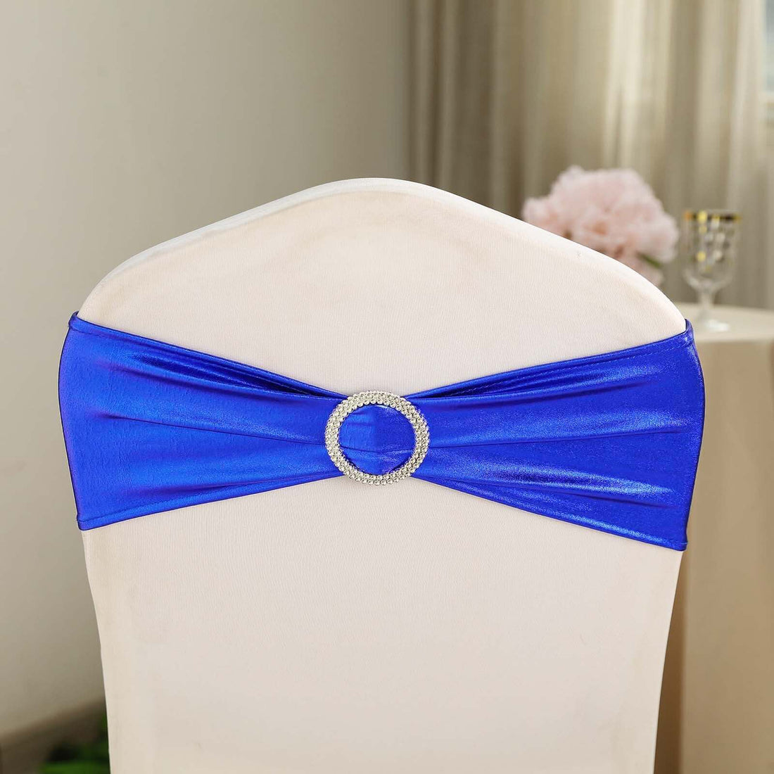 5 pack Metallic Royal Blue Spandex Chair Sashes With Attached Round Diamond Buckles