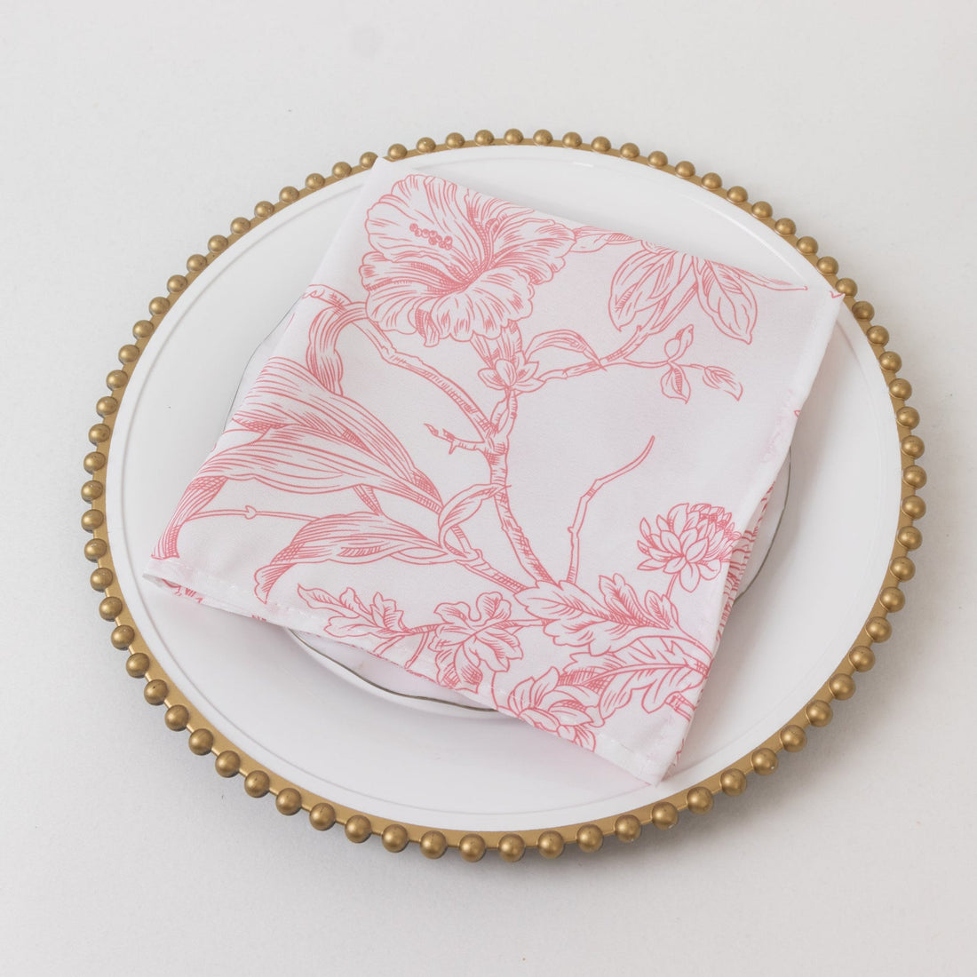 5-Pack French Toile Cloth Napkins – 17inch Pink and White Reusable Polyester Table Napkins Floral