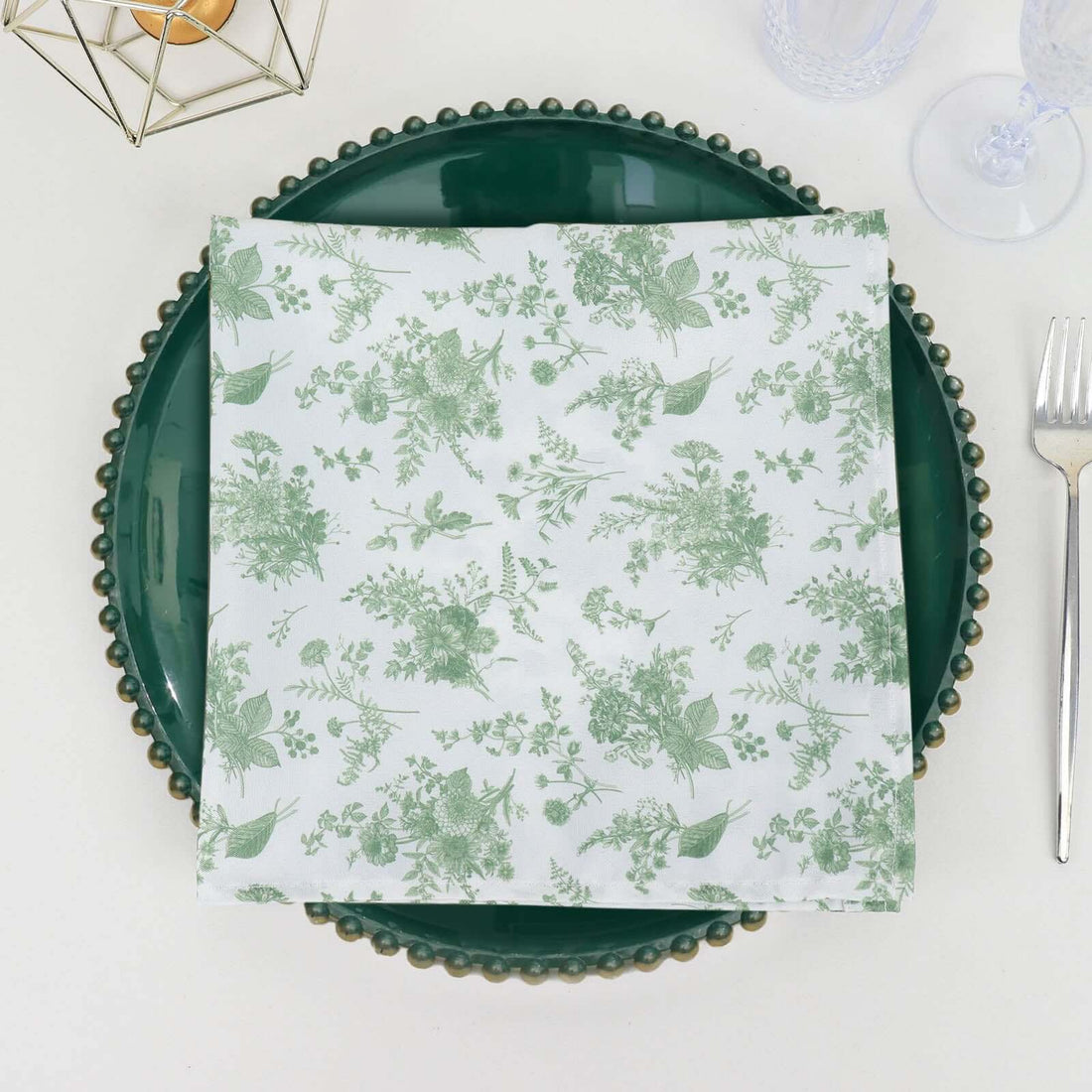 5 Pack Dusty Sage Green Floral Cloth Napkins in French Toile Pattern, Reusable Polyester Dinner