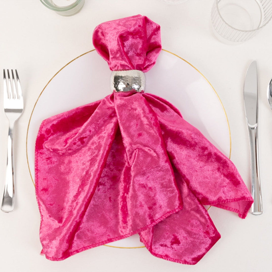 5 Pack Fuchsia Premium Crushed Velvet Cloth Napkins, Decorative Soft Linen Dinner Napkins