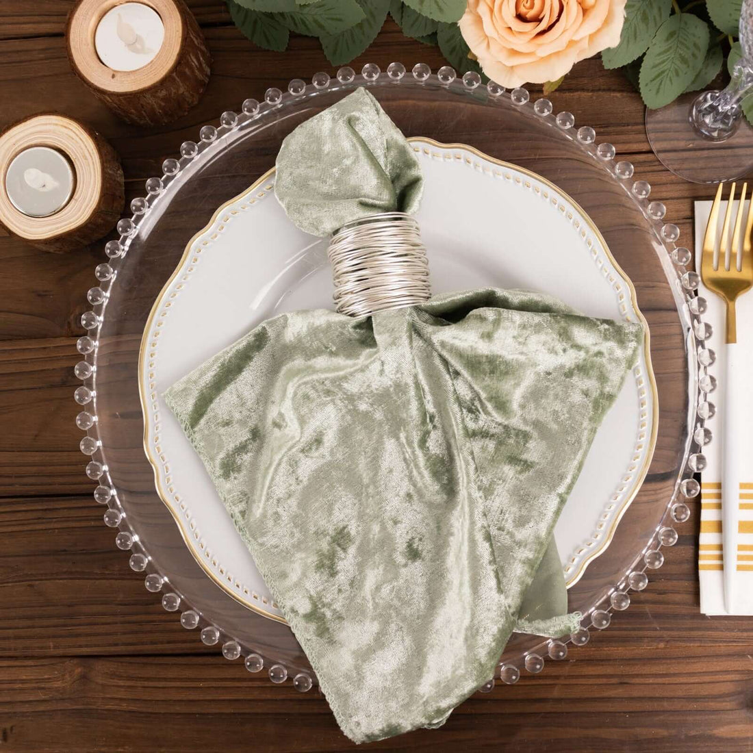 5 Pack Sage Green Premium Crushed Velvet Cloth Napkins, Decorative Soft Linen Dinner Napkins