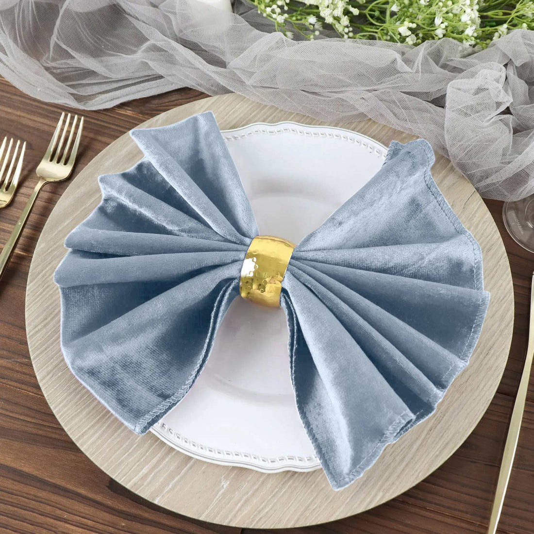 20x20 Inch Dusty Blue Velvet Dinner Napkins With Sheen Finish