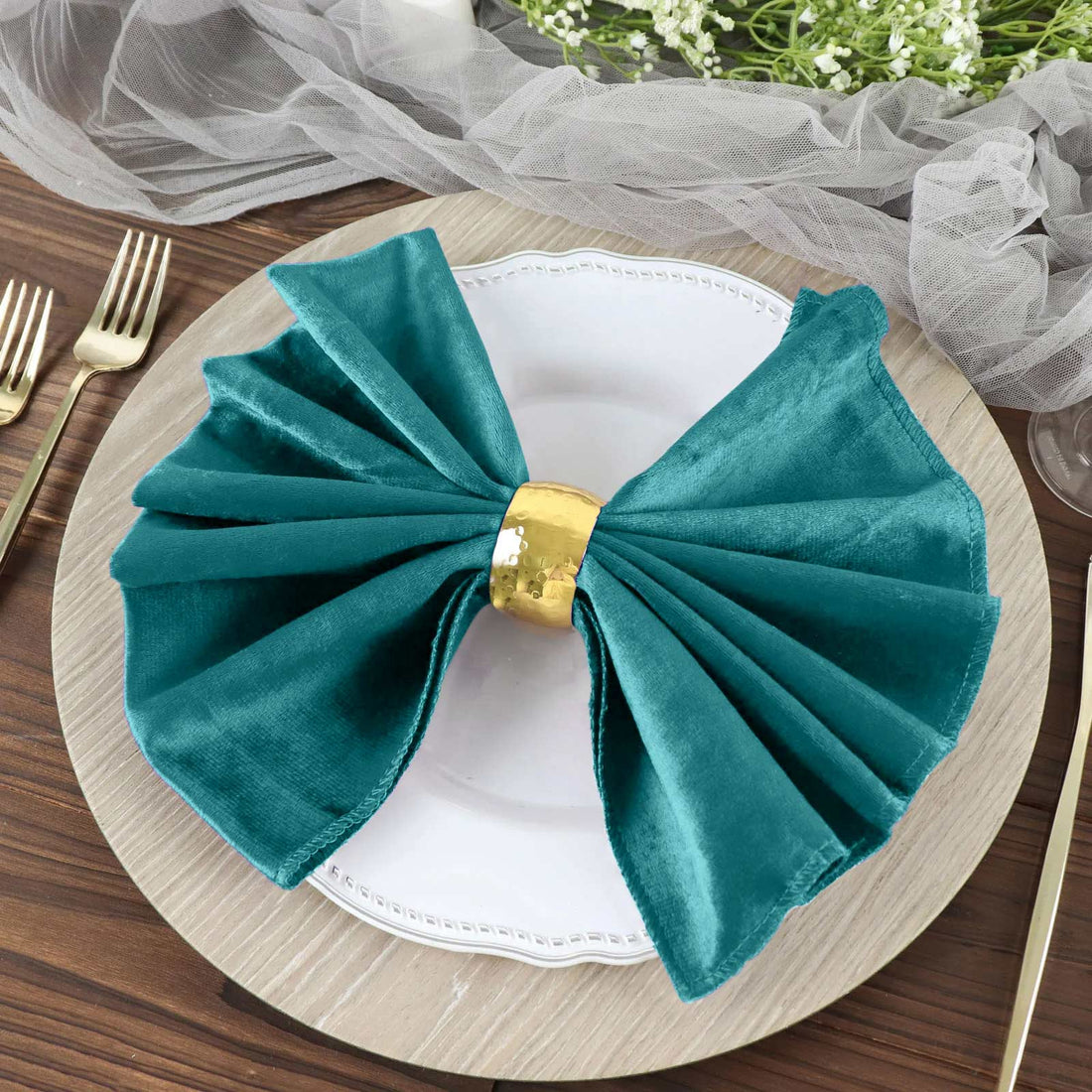 Velvet dinner napkin Peacock Teal 20 Inch by 20 Inch Sheer Seamless