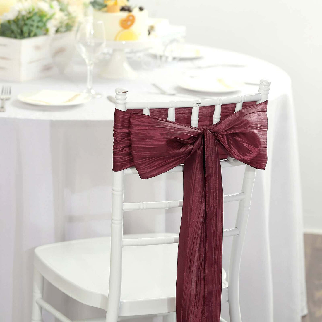 6 Inch x 106 Inch Burgundy Accordion Crinkle Taffeta Chair Sashes 5 Pack