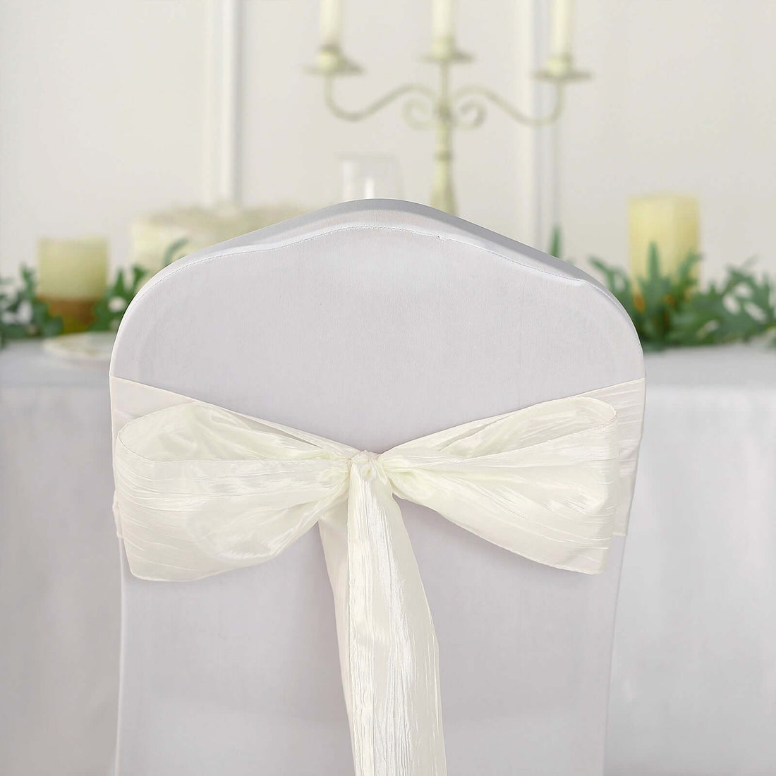 Accordion Crinkle Taffeta 6 Inch x 106 Inch Ivory Chair Sashes 5 Pack