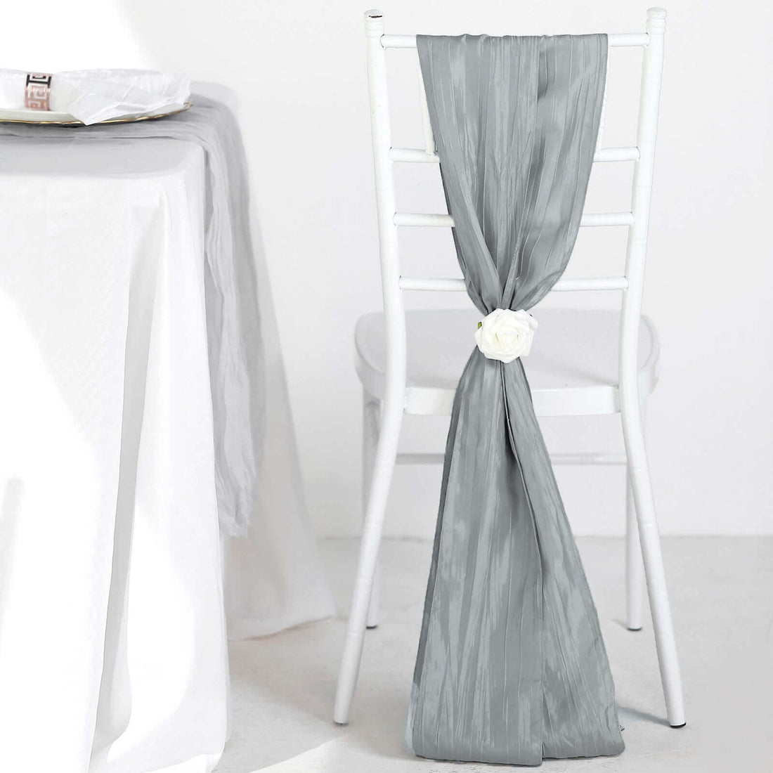 Accordion Crinkle Taffeta 6 Inch x 106 Inch Silver Chair Sashes 5 Pack