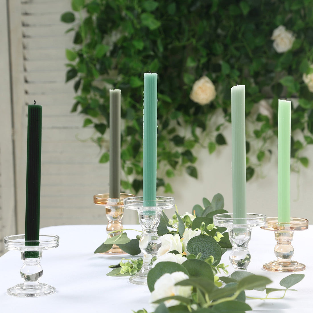 5 Pack Assorted Sage Green Premium Unscented Ribbed Wick Taper Candles,