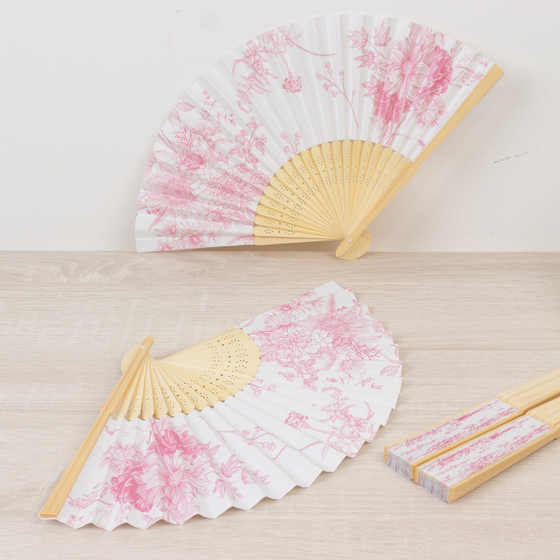 5-Pack Paper Folding Fans in White & Pink French Toile Pattern, Handheld Party Favors with Bamboo
