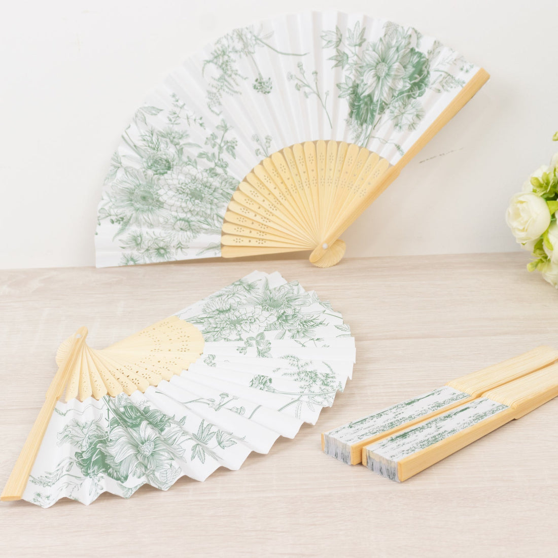 5-Pack Paper Folding Fans in White & Sage Green French Toile Pattern, Handheld Party Favors
