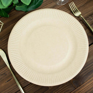 50-Pack Bagasse Round Dinner Plates 10" Natural with Ribbed Rim - Eco Friendly Disposable Sugarcane Party Plates for Gatherings