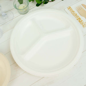 50-Pack Bagasse Round Dinner Plates 10" White with 3-Compartments - Eco Friendly Disposable Sugarcane Divided Plates for Meal Prep & Portion Control