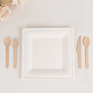 50-Pack Bagasse Square Dinner Plates 10" White with Wide Rim - Eco Friendly Disposable Sugarcane Party Plates for Gatherings