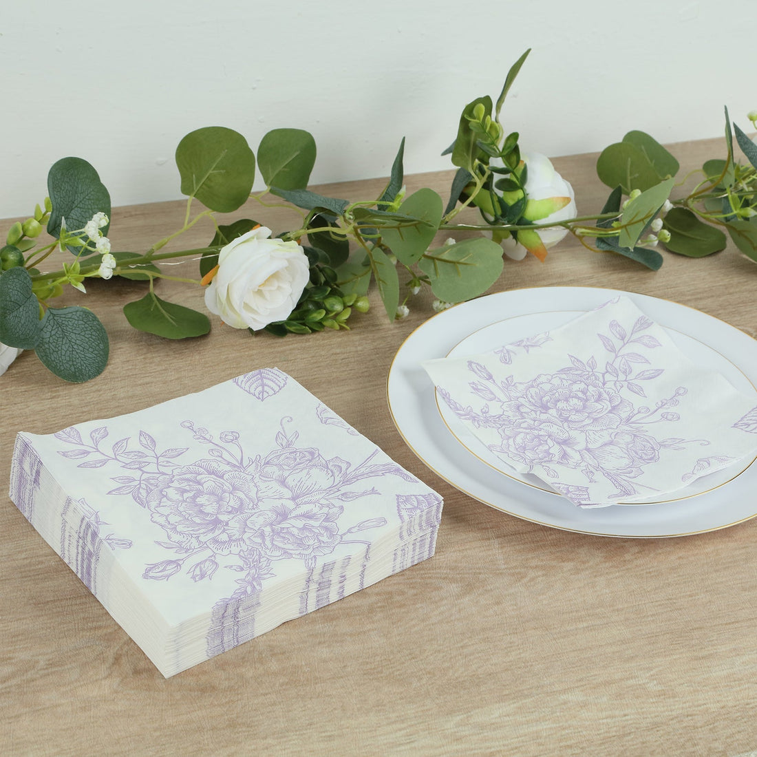 50 Pack 2-Ply Paper Cocktail Napkins in Matte Lavender and White French Toile Floral Pattern