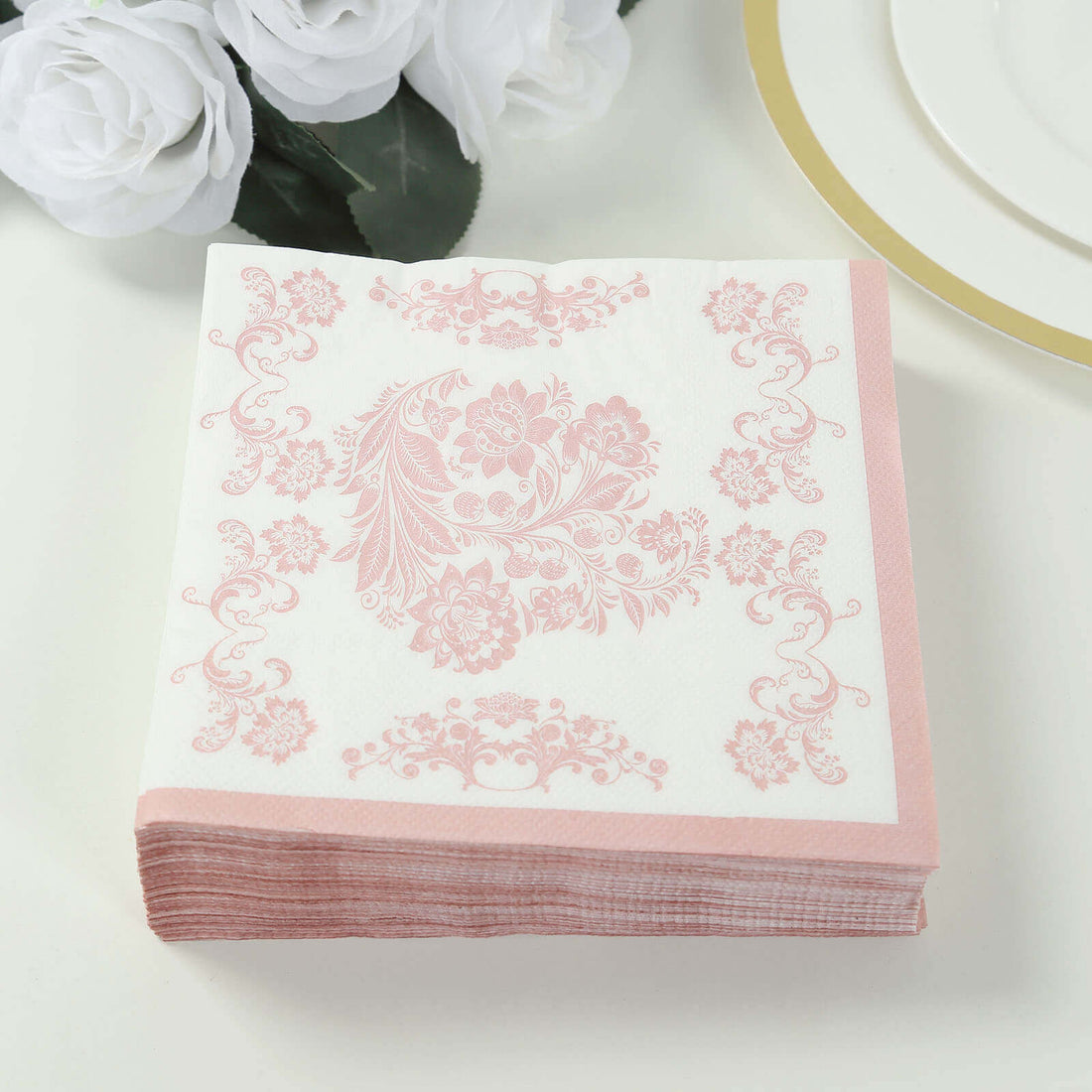 50 Pack 2-Ply Paper Cocktail Napkins in White Matte Pink Damask Floral Pattern, Disposable