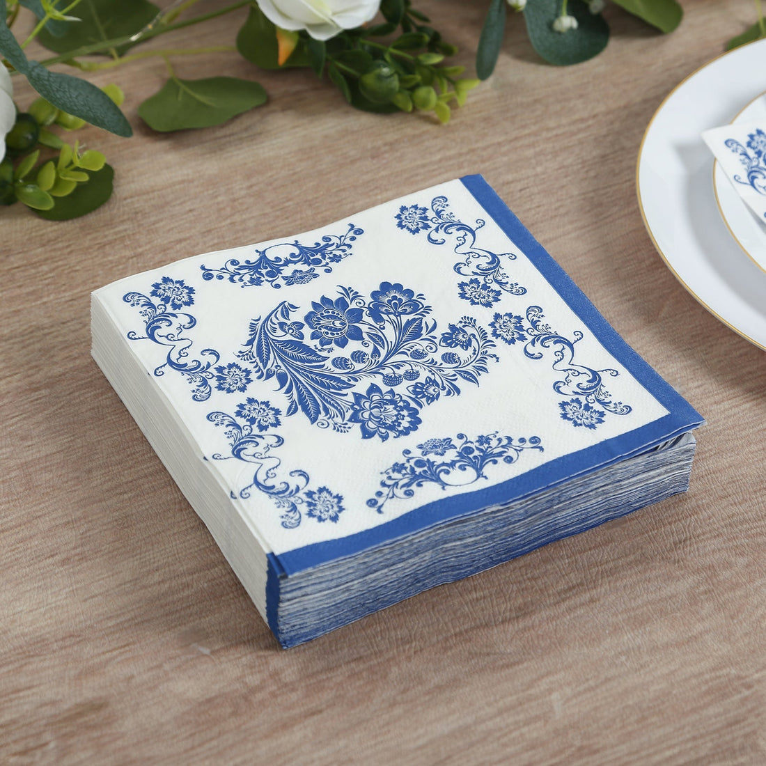 50 Pack 2-Ply Paper Cocktail Napkins in White Royal Blue Damask Pattern