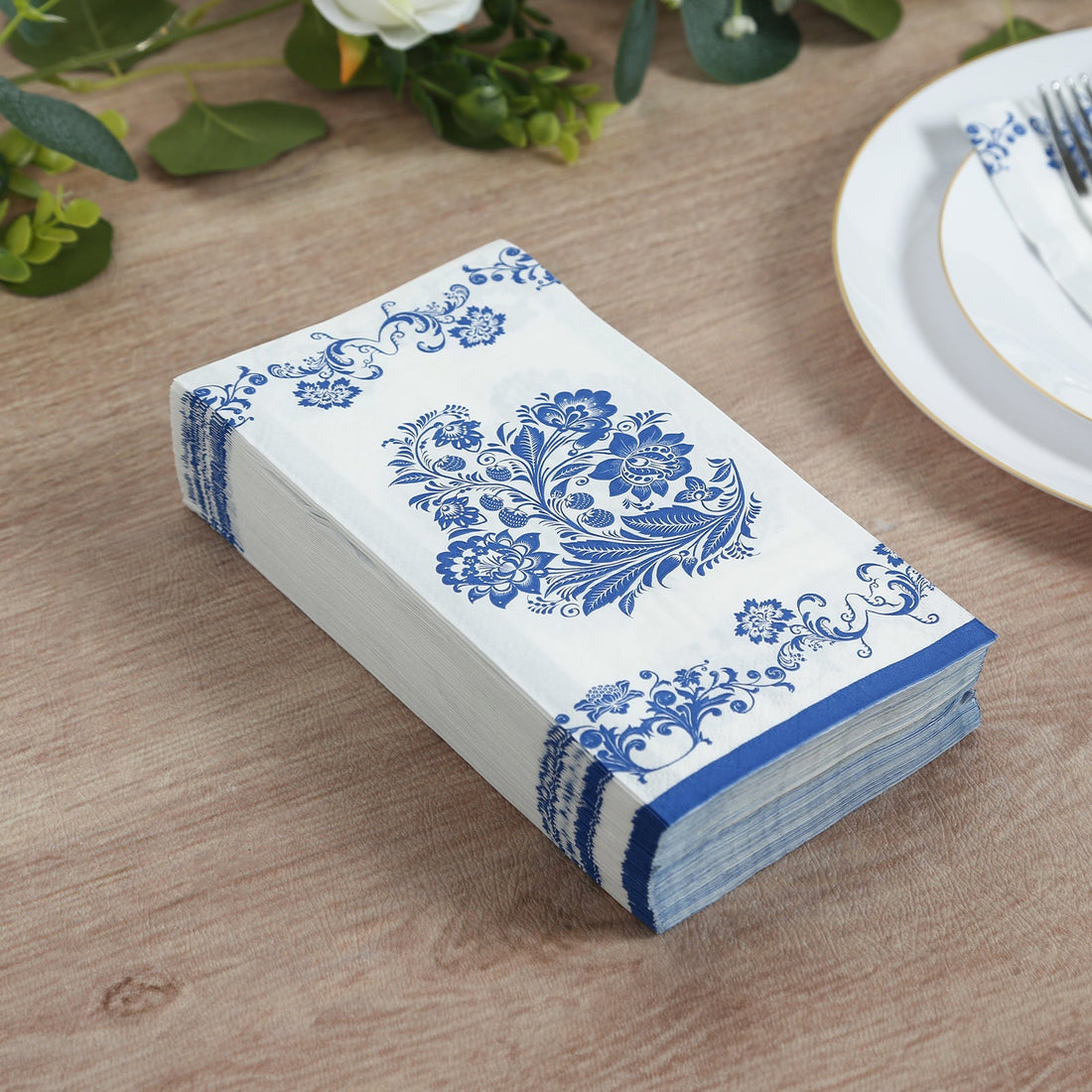 50 Pack 2-Ply Paper Dinner Napkins in White Royal Blue Damask Floral Pattern