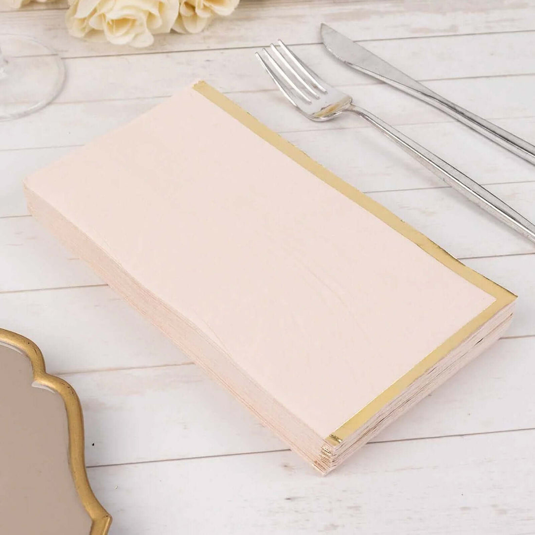 50 Pack Blush Soft 2 Ply Dinner Paper Napkins with Gold Foil Edge
