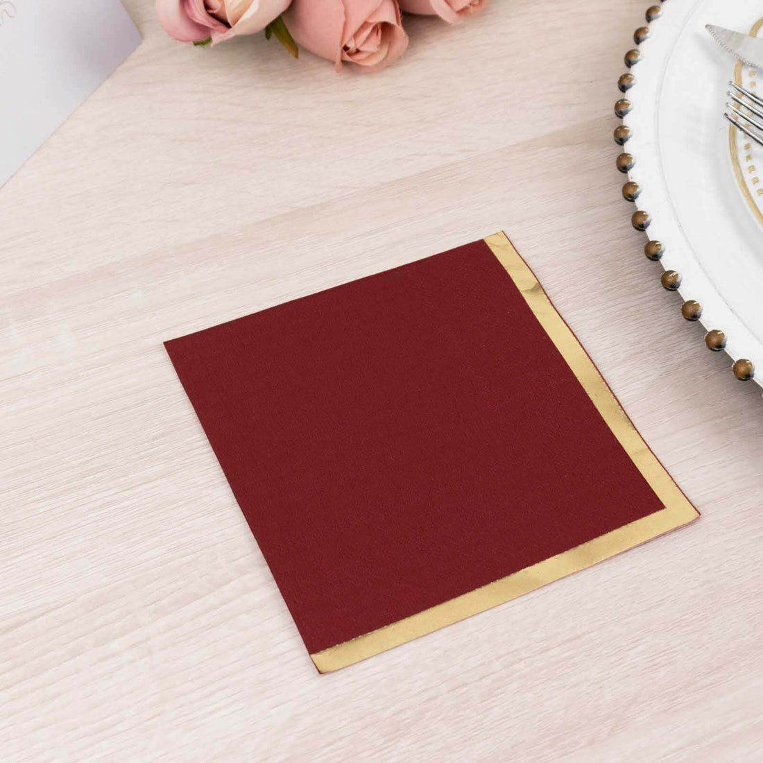 50 Pack Burgundy Paper Beverage Napkins with Gold Foil Edge