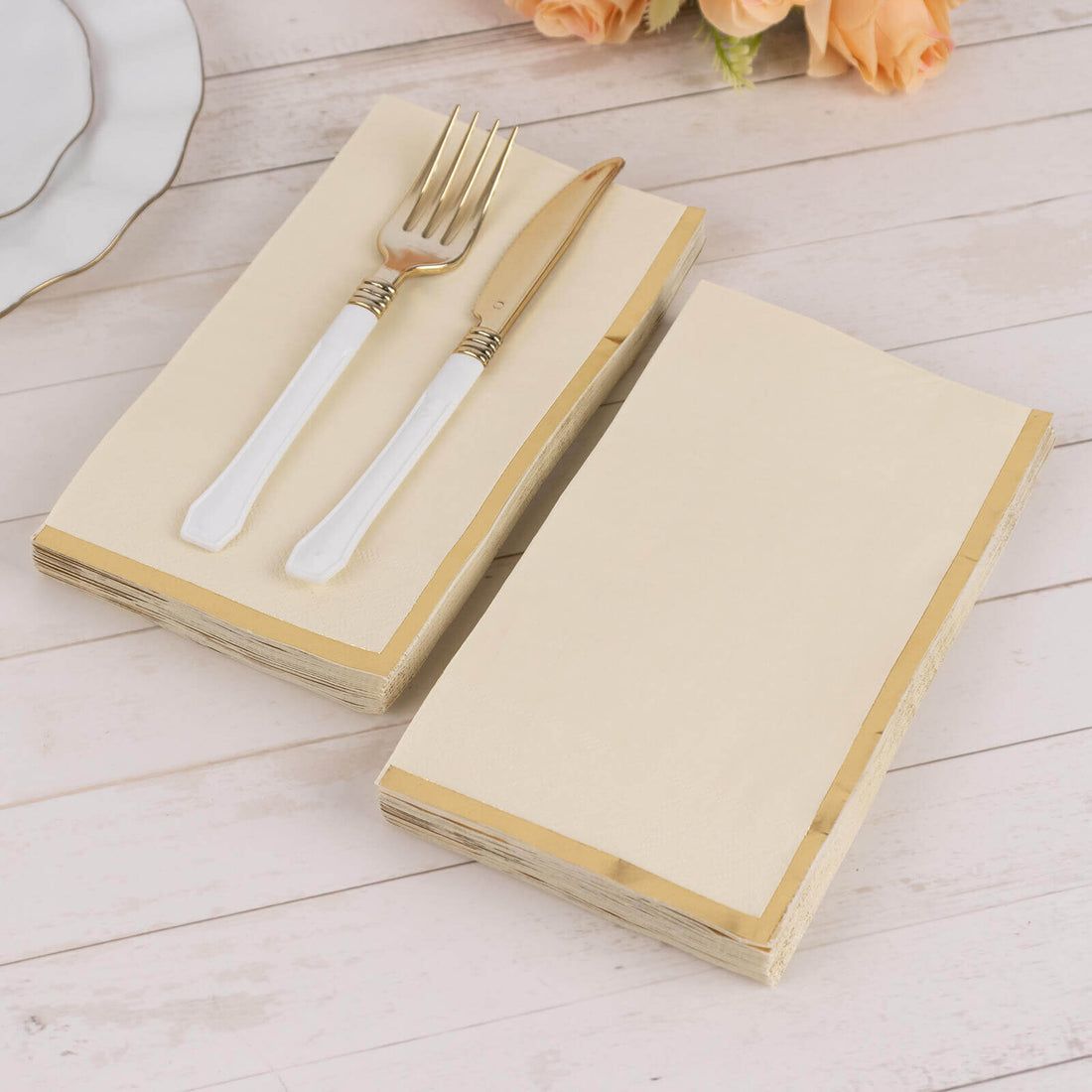 50 Pack Ivory Soft 2 Ply Dinner Paper Napkins with Gold Foil 