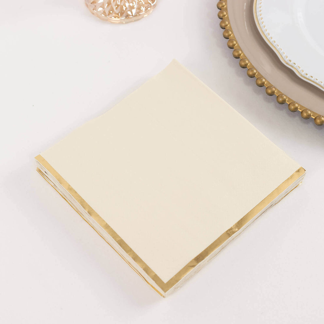 50 Pack Ivory Soft 2 Ply Paper Beverage Napkins with Gold Foil Edge, Disposable Cocktail Napkins
