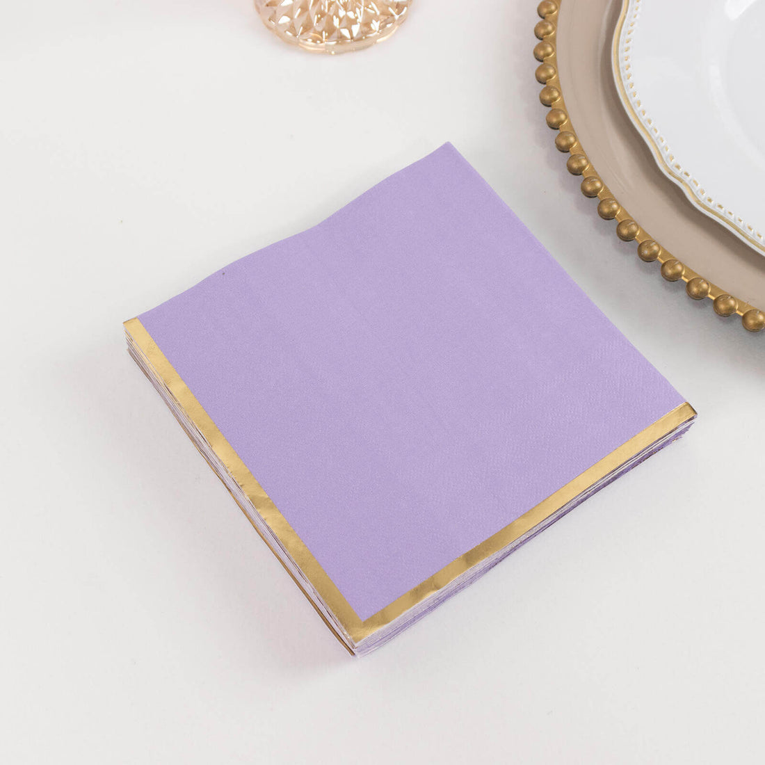 50 Pack Lavender Lilac Soft 2 Ply Paper Beverage Napkins with Gold Foil Edge, Disposable Cocktail