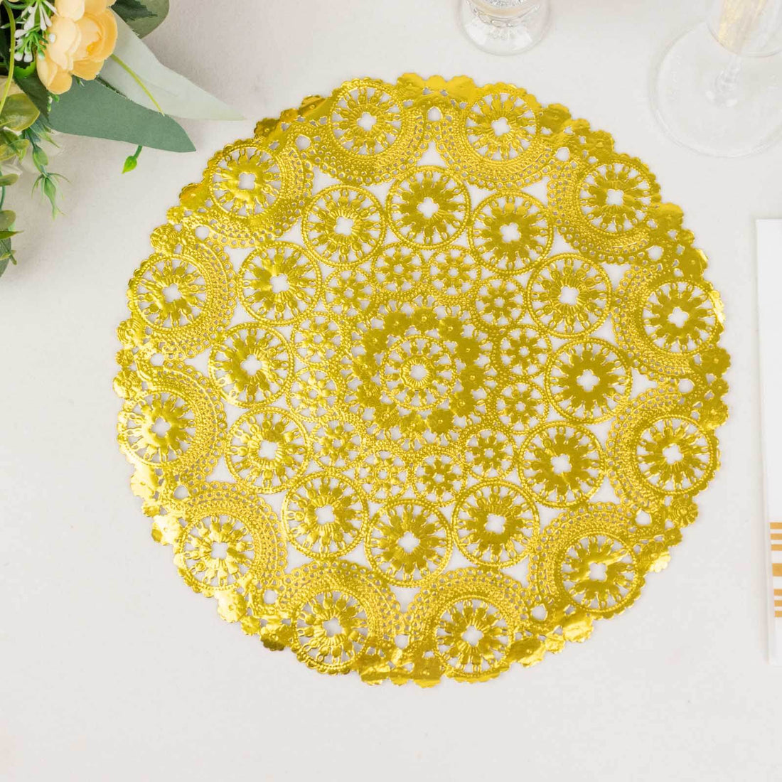 50 Pack Metallic Gold Medallion Style Paper Placemats, 12inch Round Disposable Lace Doilies