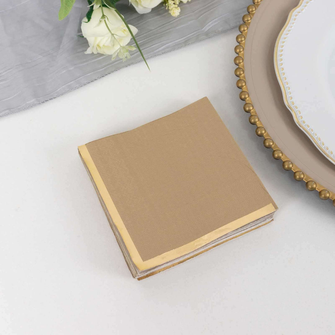 50 Pack Natural Paper Beverage Napkins with Gold Foil Edge