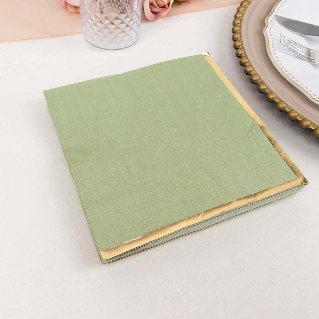 50 Pack Soft Sage Green 2 Ply Paper Beverage Napkins with Gold Foil Edge, Disposable Cocktail Napkin